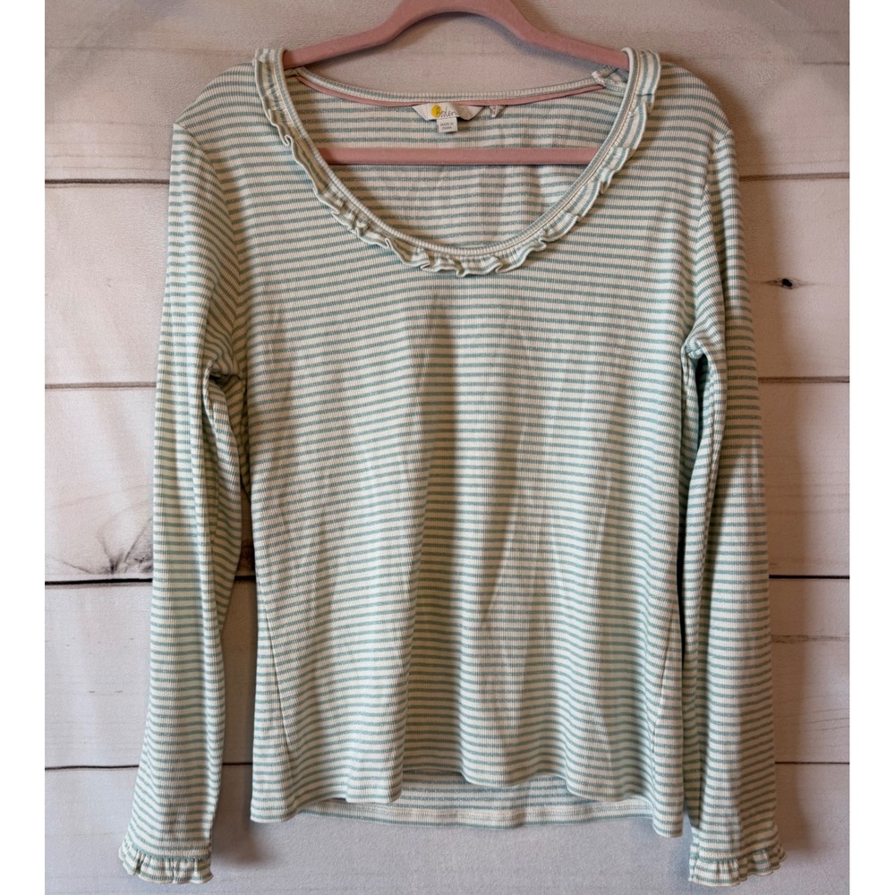 Boden Womens Sage Green Striped Metallic Ruffle Neck Long Sleeve Top Size US 14